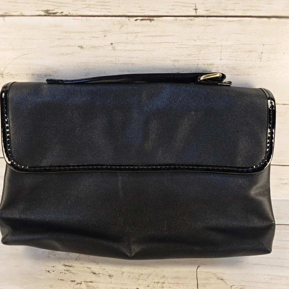 Lancome Paris Black Cosmetic Bag Travel Makeup Organizer Patent Trim‎ Gold Tone